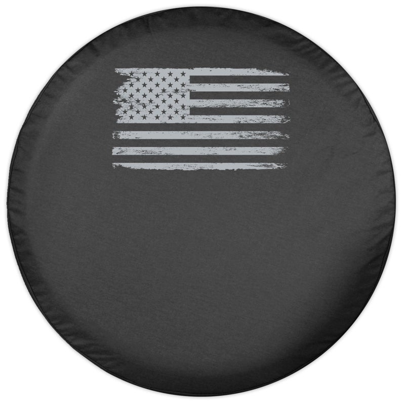 Boomerang 32" Distressed American Flag - Spare Tire Cover - (Black Denim Vinyl) - Silver Print - Made in The USA - Image 2